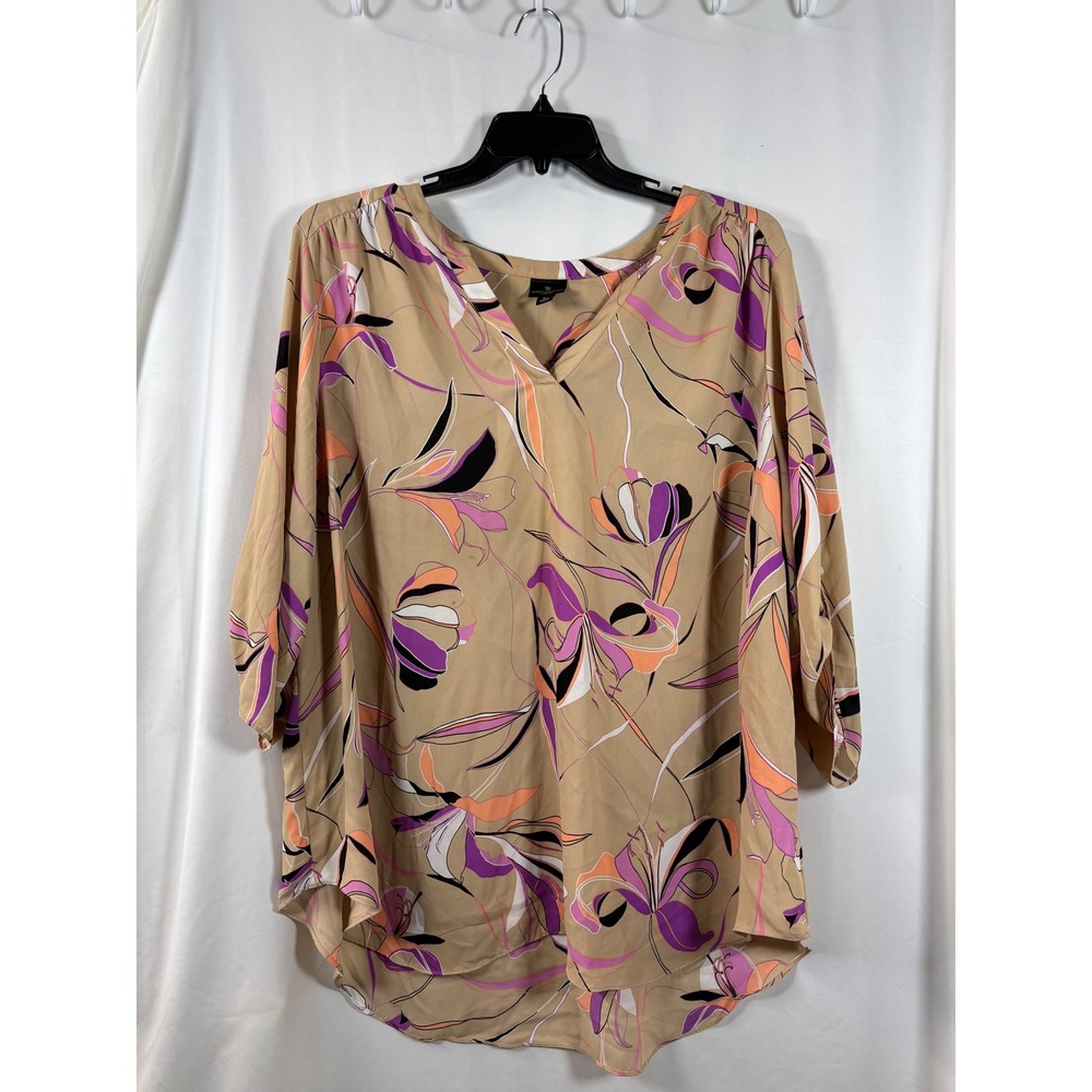 Worthington Woman 3X Blouse Tan Purple Floral V-Neck 3/4 Sleeve Top‎ 75590-0